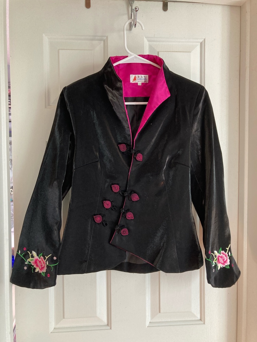 Women's Black Satin Blazer with Pink Lining and Floral Embroidered Cuffs